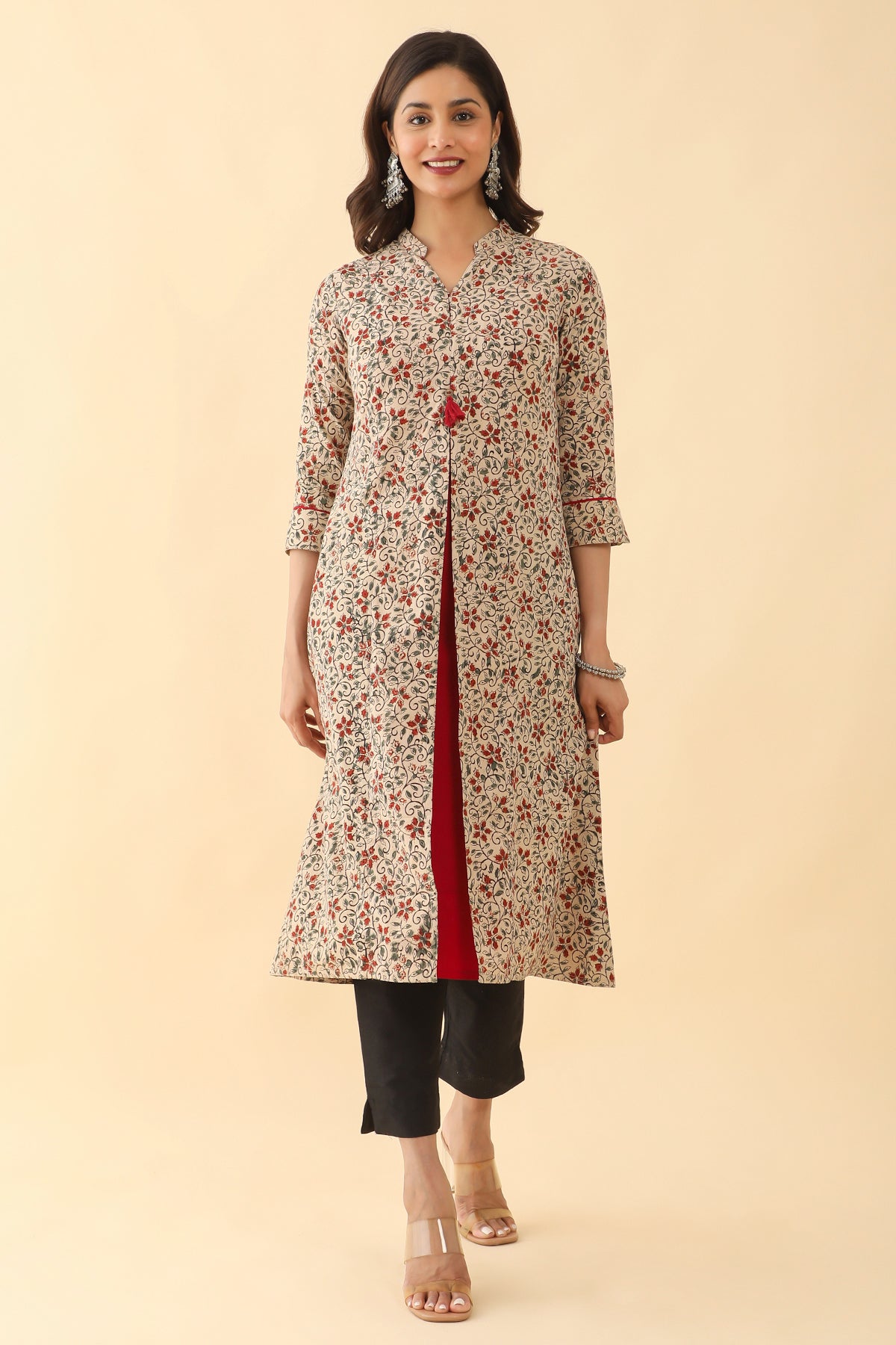 All Over Kalamkari Printed With Contrast Front Slit A-Line Kurta - Red