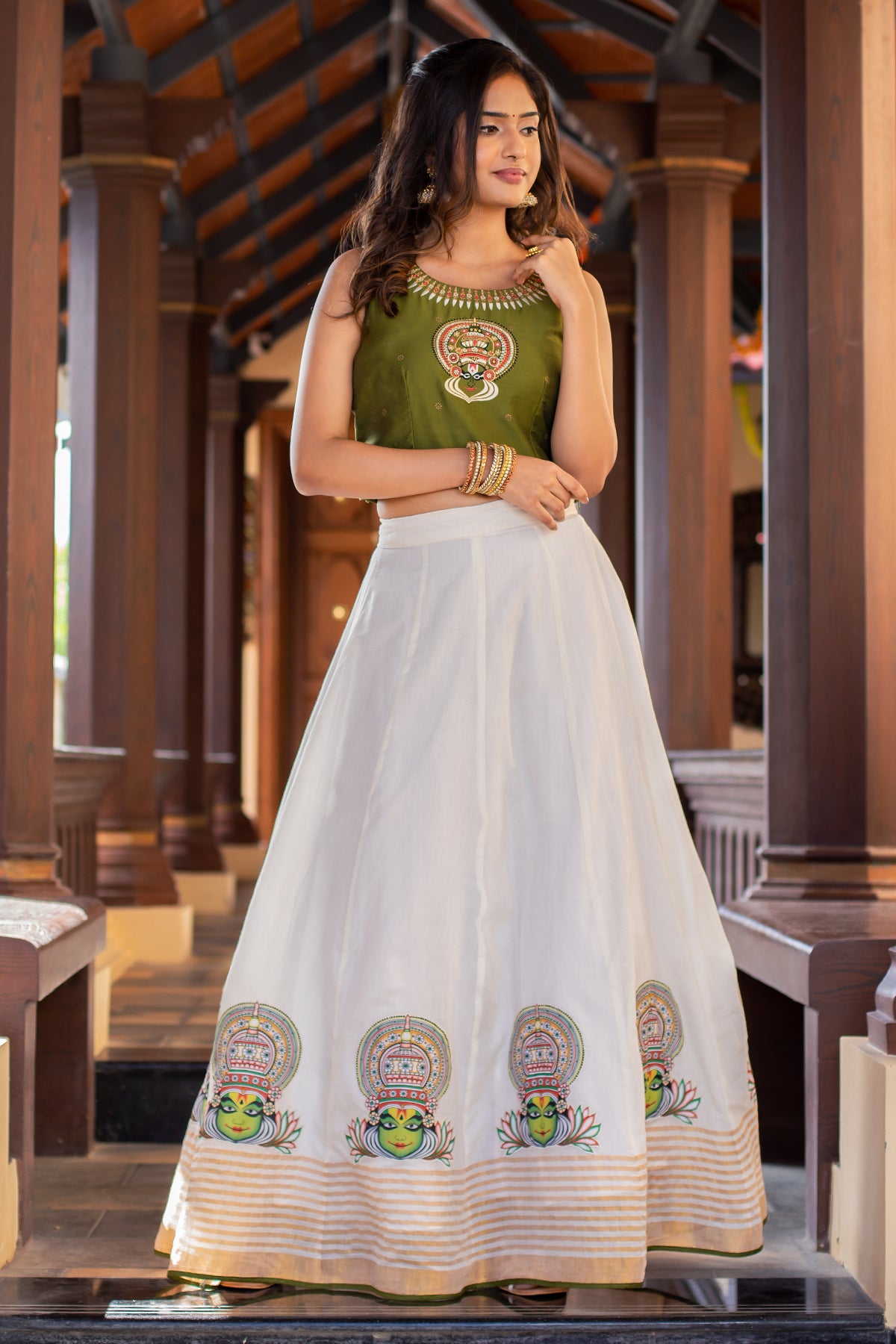 Kathakali Motif Placement Embroidered Crop Top Printed Skirt Set Green Off White