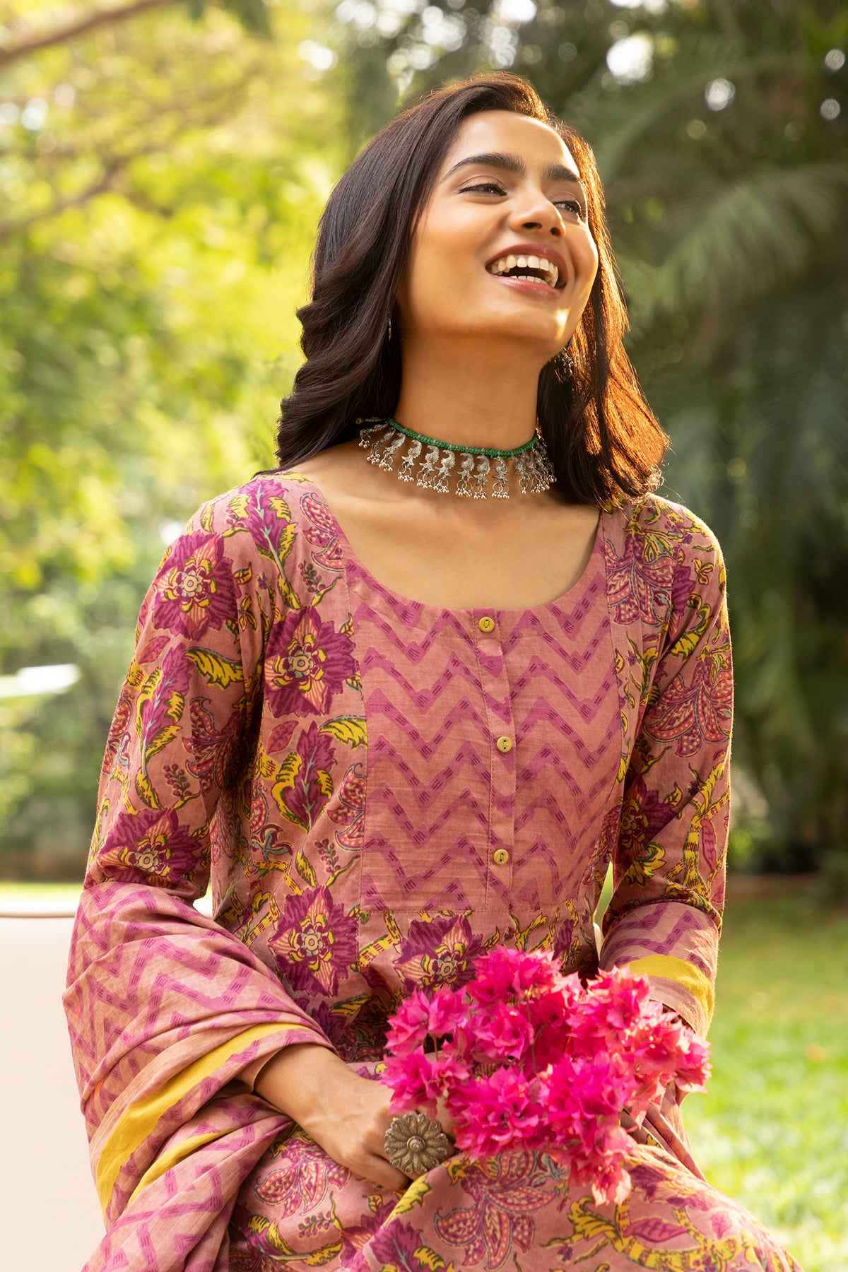 Floral Paisley Printed Cotton Kurta set with Dupatta - Pink