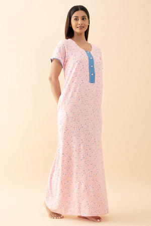 Floral Printed Nighty with Contrast Yoke - Pink