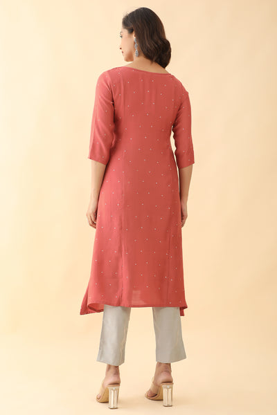 Foil Mirror Embellished With Floral Embroidered A line Kurta Peach