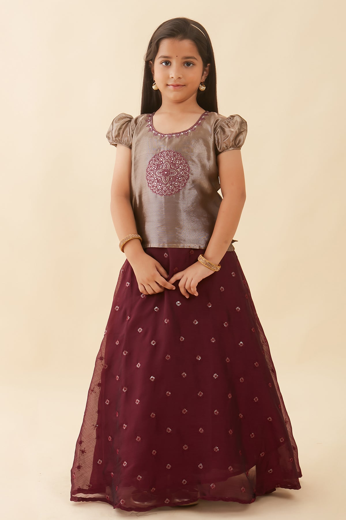 Contemporary Mandala Embroidered Top With Sequins Kids Skirt Set Grey