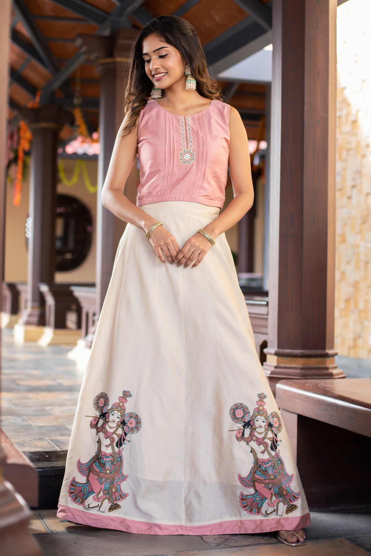 Geometric Motif Placement Embroidered With Pin-Tuck Crop Top & Mural Printed Skirt Set - Pink & Off-White