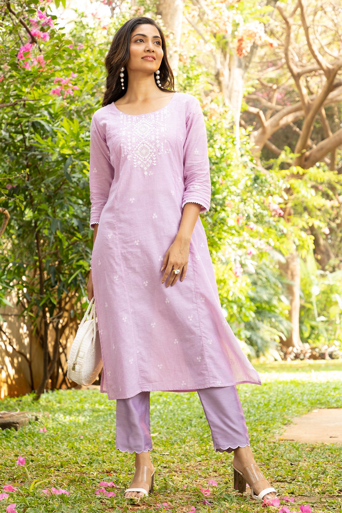 Dobby Weave Kurta with Embroidered Yoke Lace Embellished Sleeve hem Light Purple