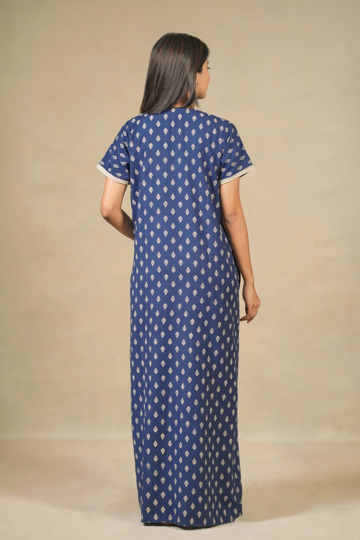 Floral Embroidered Yoke Mirror Embellished Printed Nighty Blue