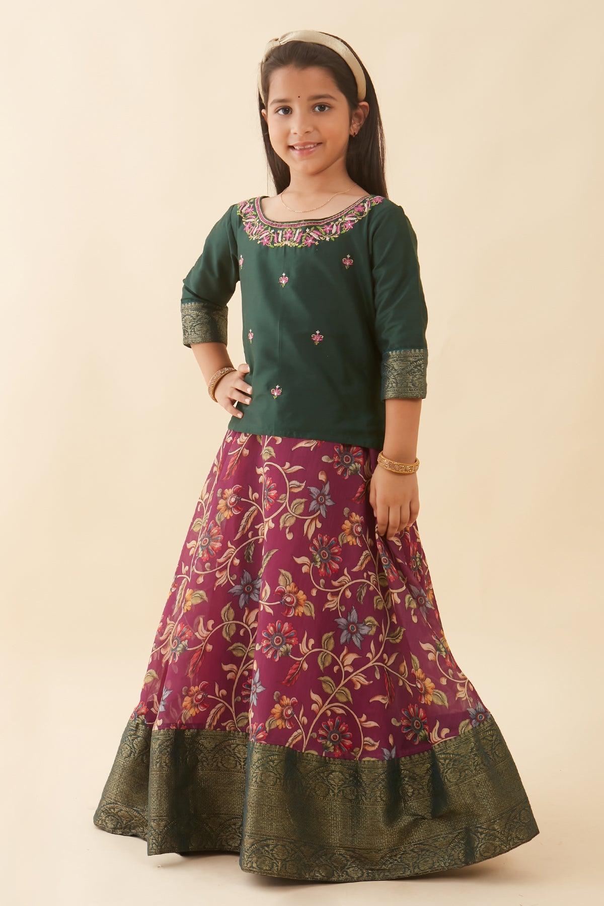 Floral Embroidered Printed With Zari Border Kids Skirt Set Green Purple