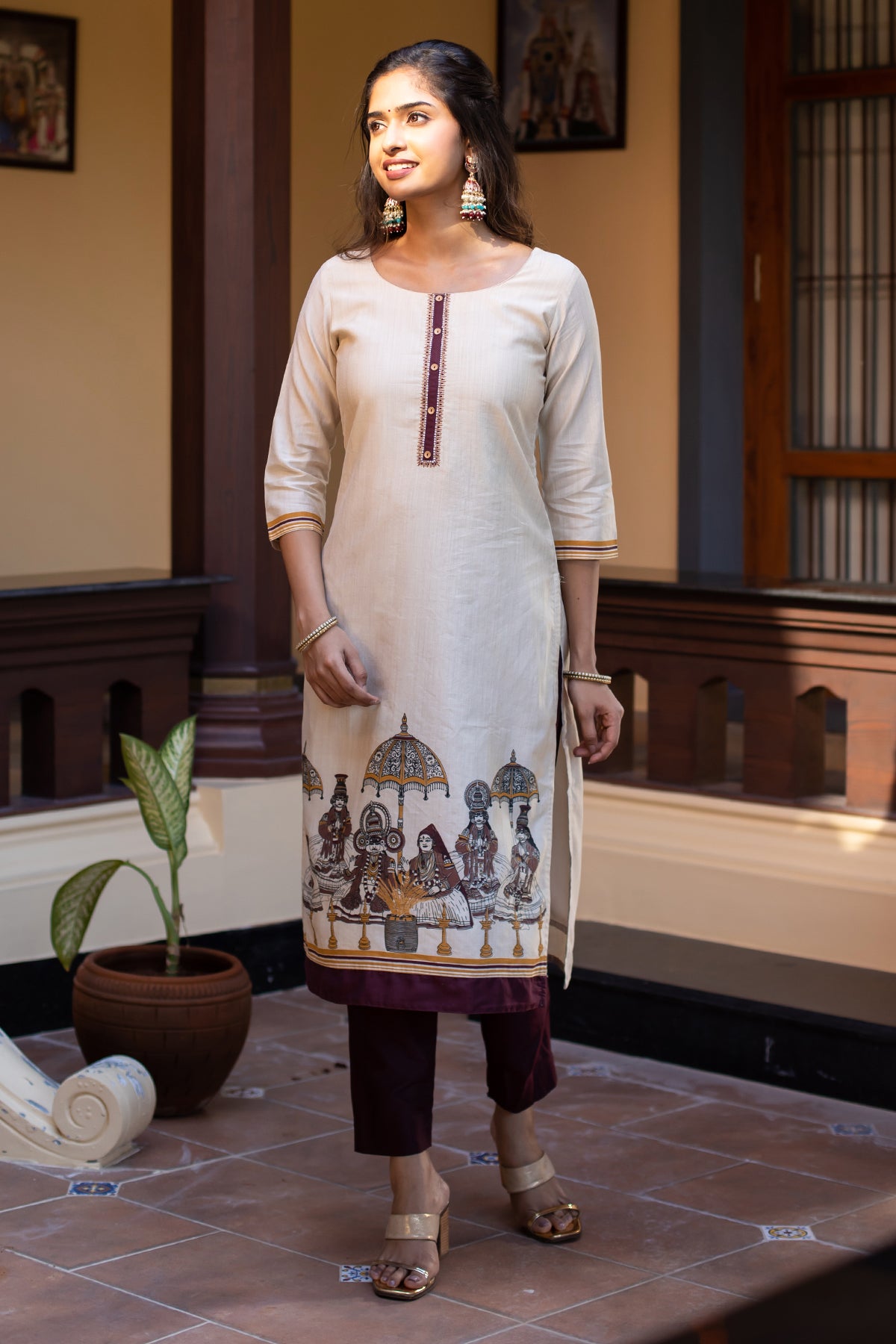 Geometric Motif Embroidered With Kathakali Inspired Placement Printed Kurta Brown