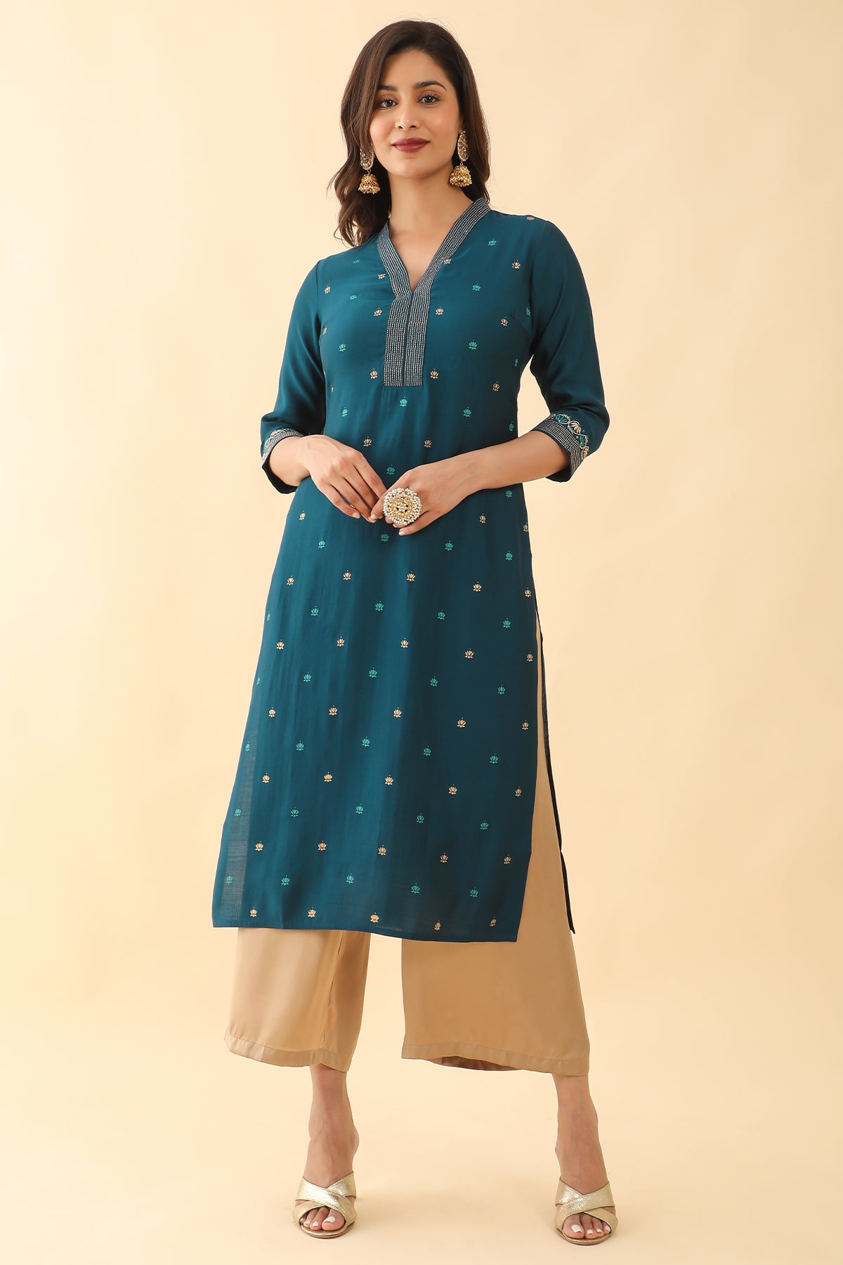 All Over Lotus Printed Embroidered Kurta Blue