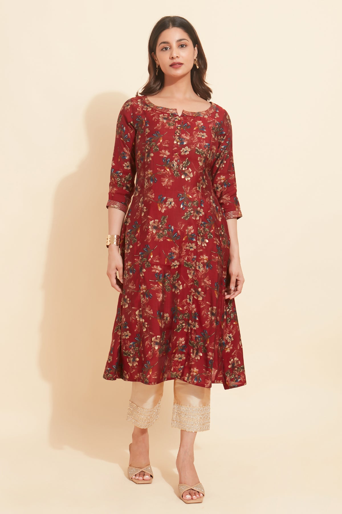 All Over Digital Floral Printed Kurta Maroon