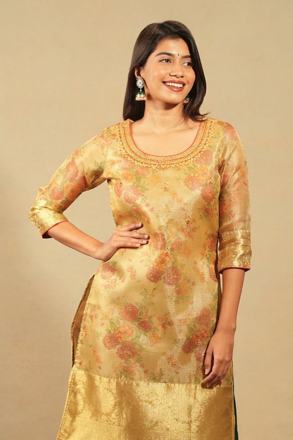 Floral Printed With Zari Border Kurta Mustard