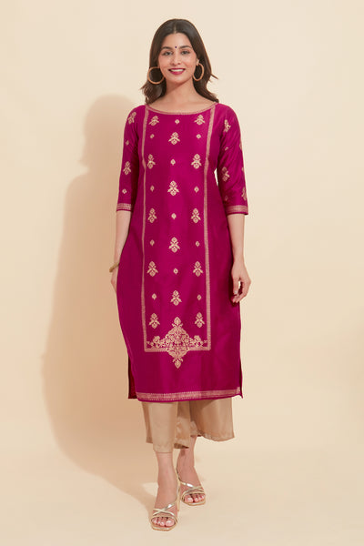 All Over Peacock Motif Printed With Foil Mirror Embellished Kurta - Pink