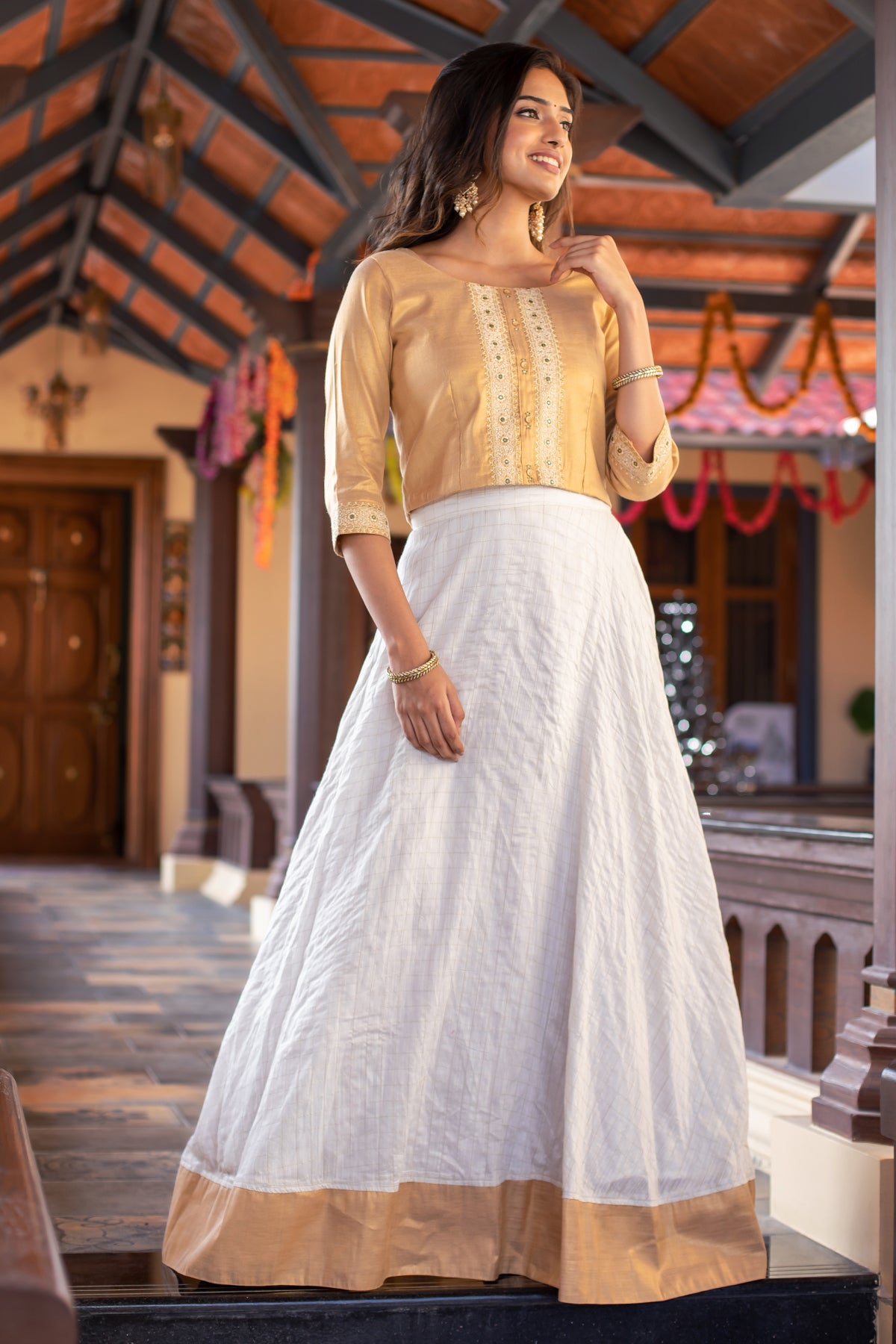 Floral Motif Embroidered With Sequin Crop Top Vallam Kali Printed Skirt Set Gold Off White