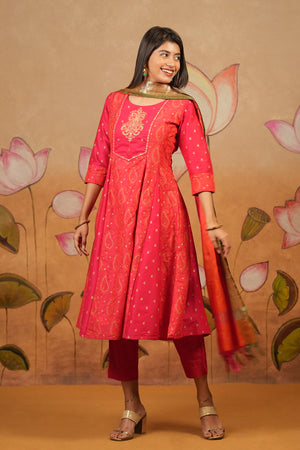 Paisley Embroidered Printed A Line Kurta Set Pink