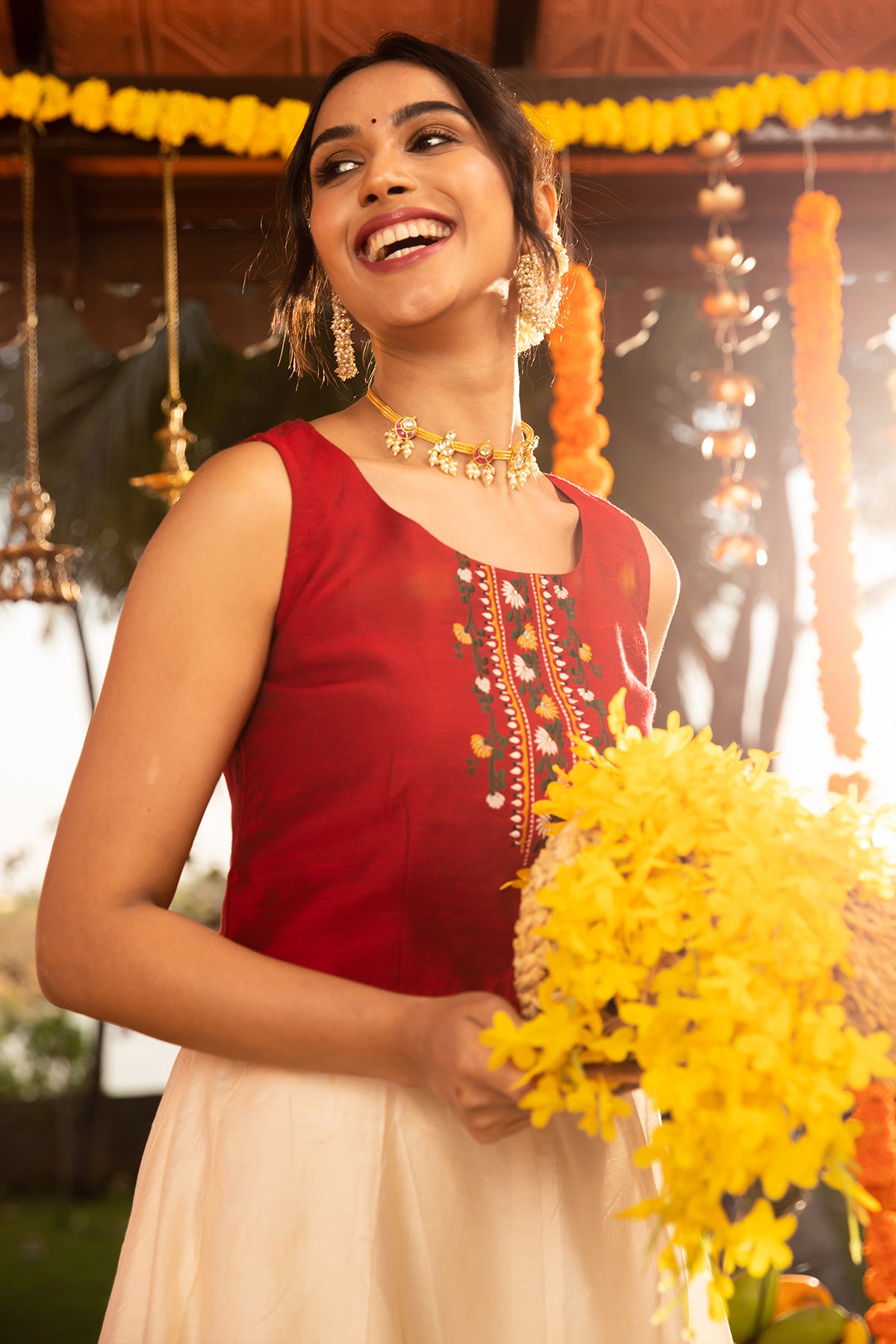 Floral Embroidery Placement Crop Top & Figure Motif Embellished Border Skirt Set - Red & White