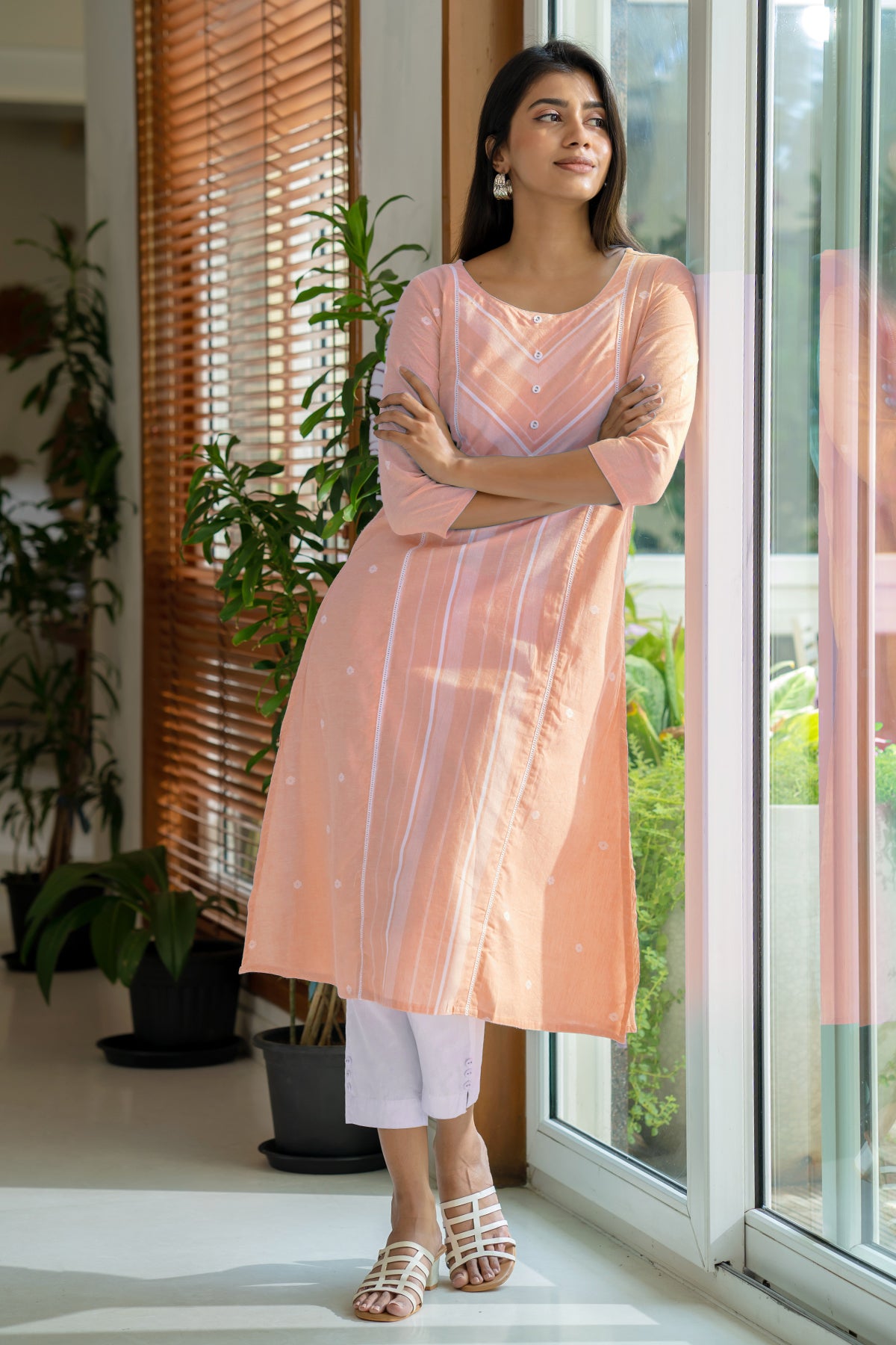 All Over Geometric Motif Dobby Weave With Lace Embellished Kurta Peach