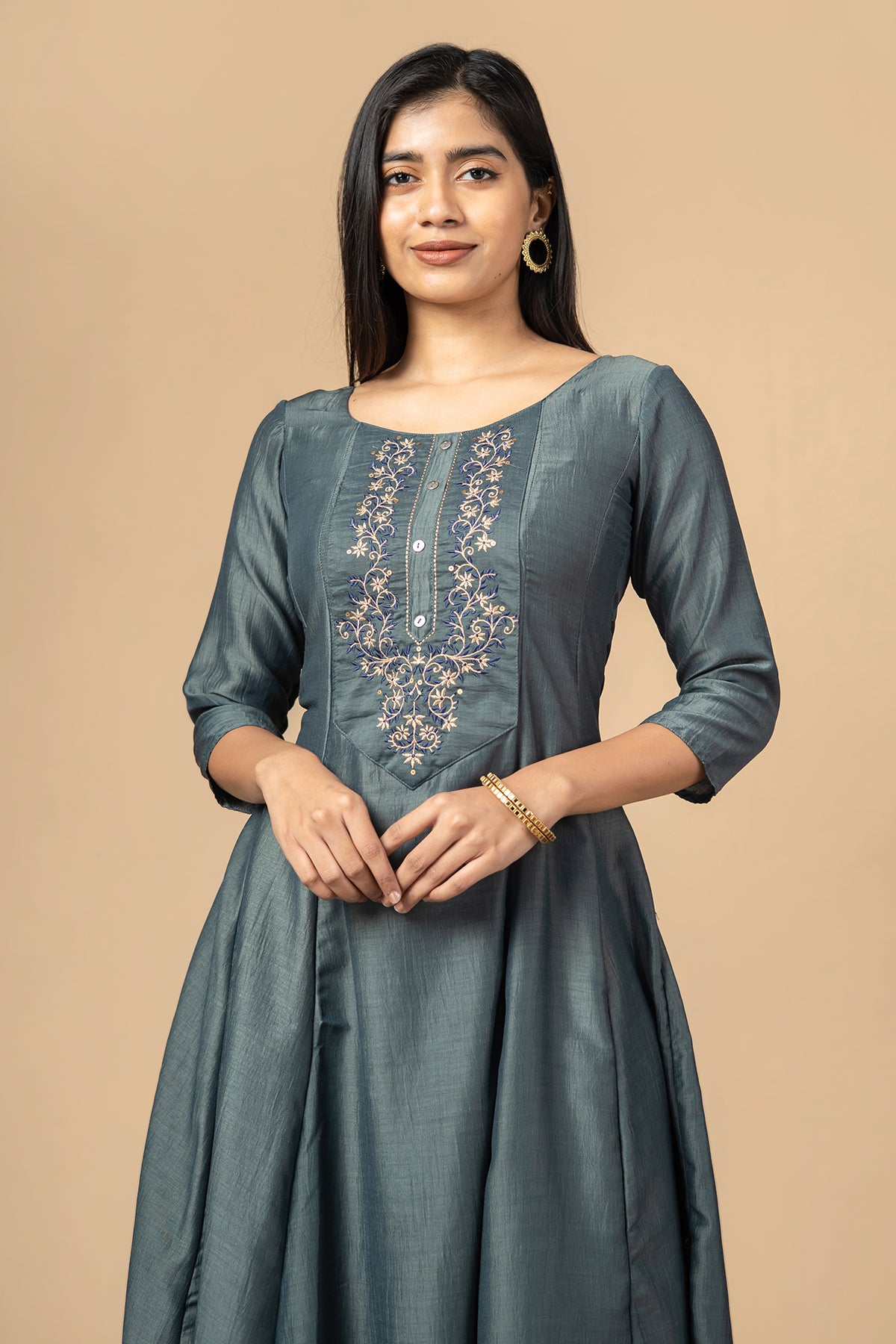 Floral Motif Embroidered A Line Kurta Grey