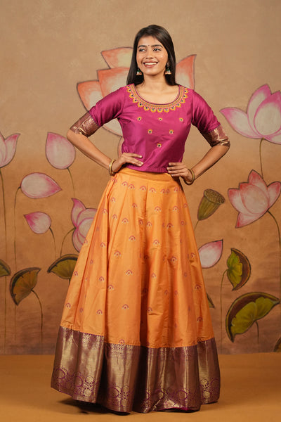 Floral Embroidered With Foil Mirror Embellished Top & Printed With Contrast Zari Border Skirt Set - Pink & Yellow