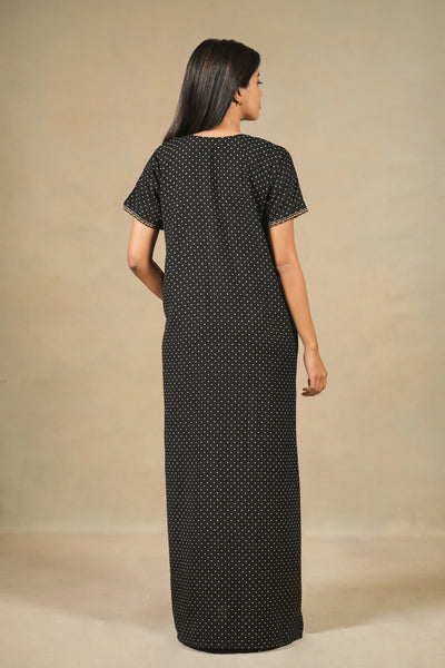 Allover Polka Dotted With Floral Embroidered Yoke Nighty Black