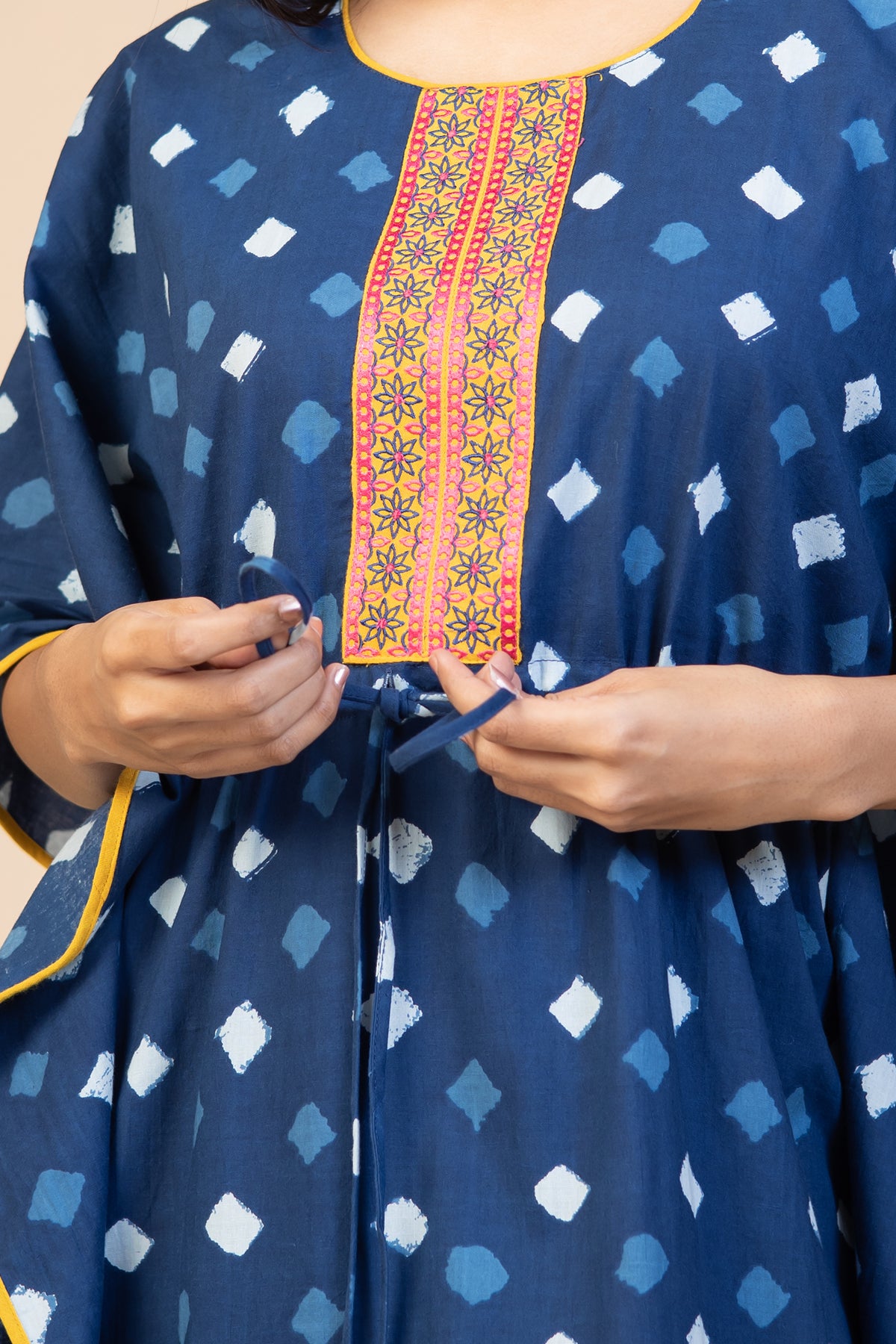 All Over Geometric Printed With Floral Embroidered Yoke Kaftan Nighty - Blue