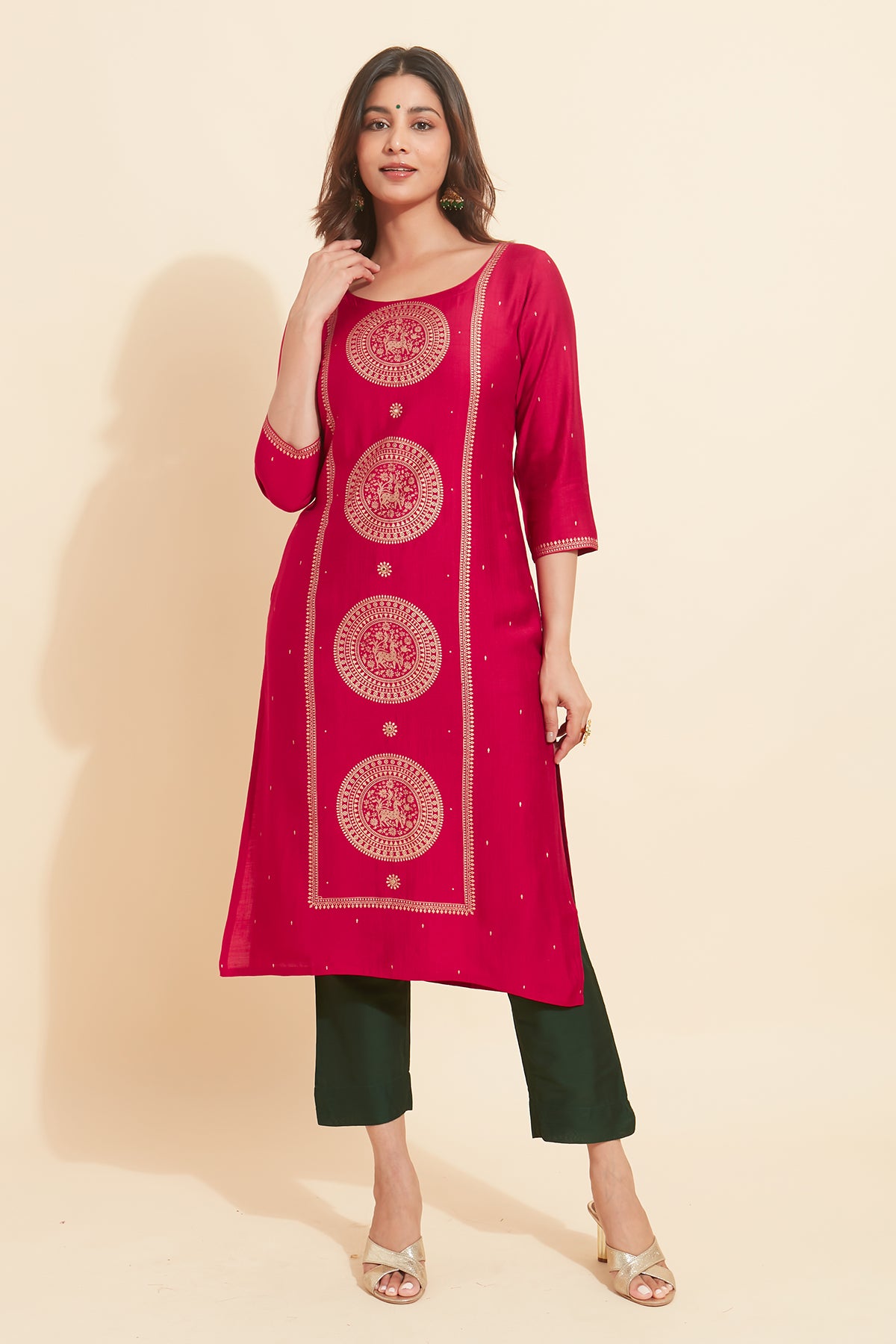 Contrast Mandala Printed Kurta Pink