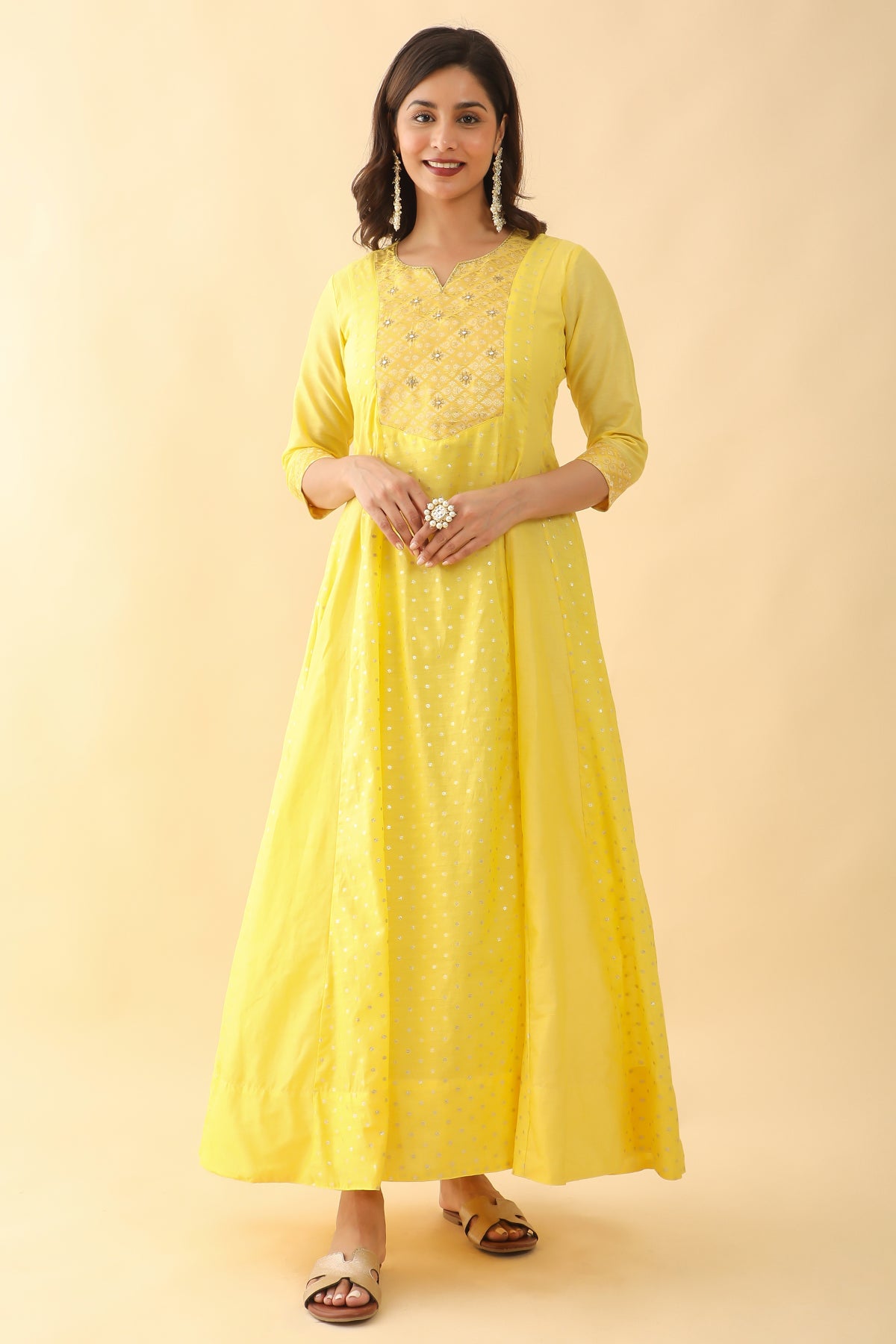 All Over Floral Weave With Brocade Yoke Anarkali Yellow