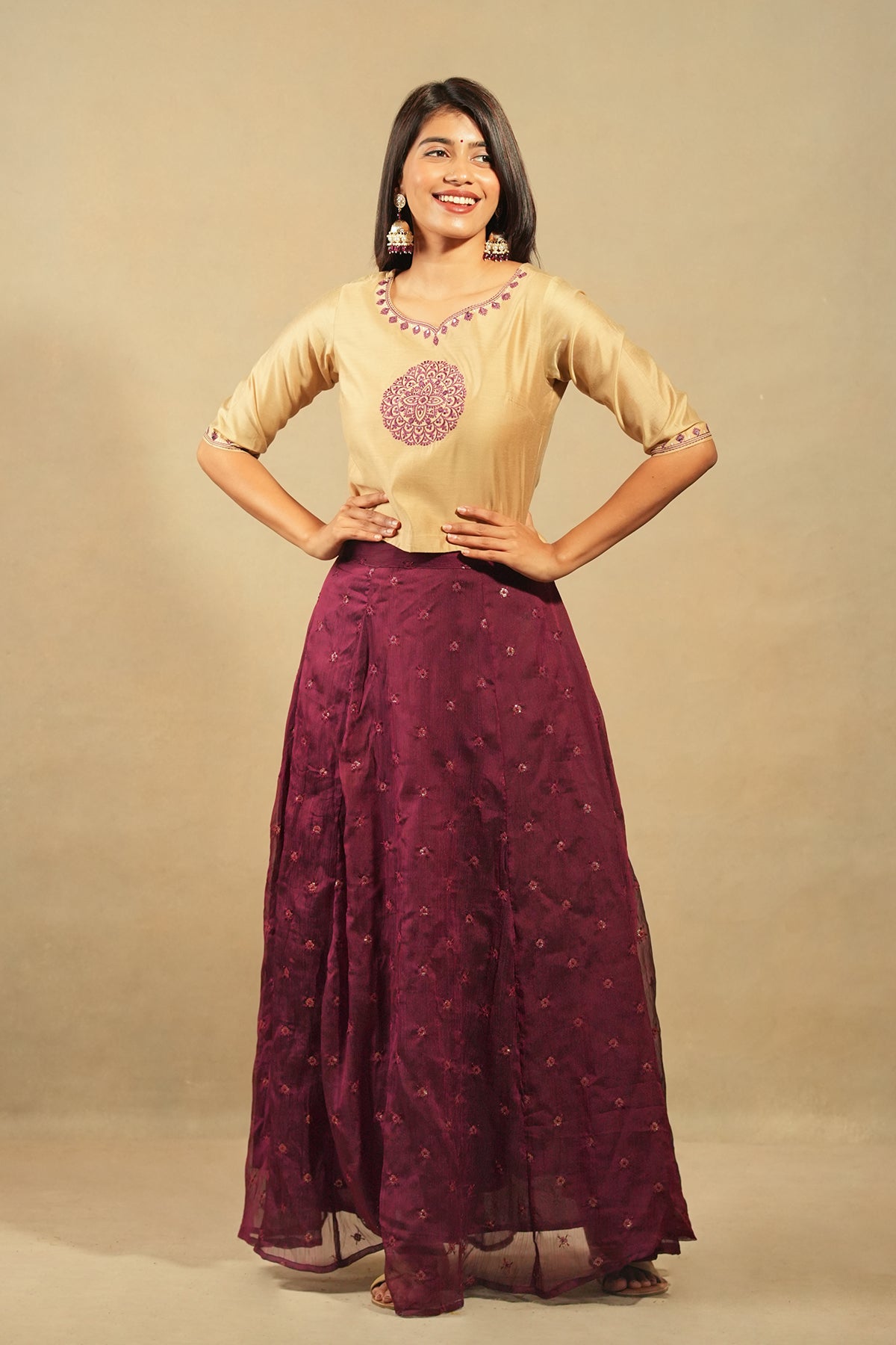 Mandala Placement Top With All Over Sequins Skirt Set - Beige & Burgundy
