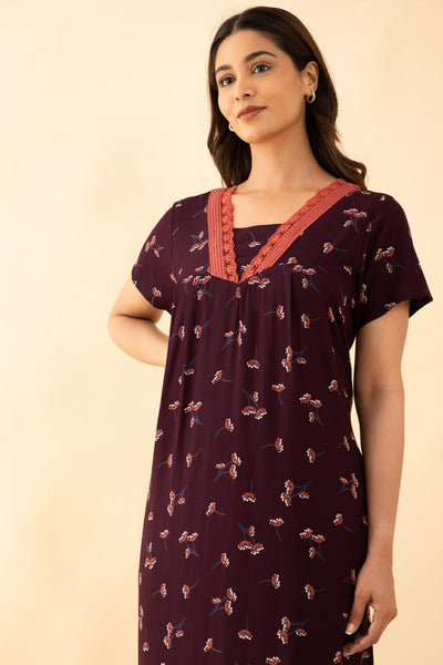 All Over Floral Print With Lace Embellishment Nighty - Maroon