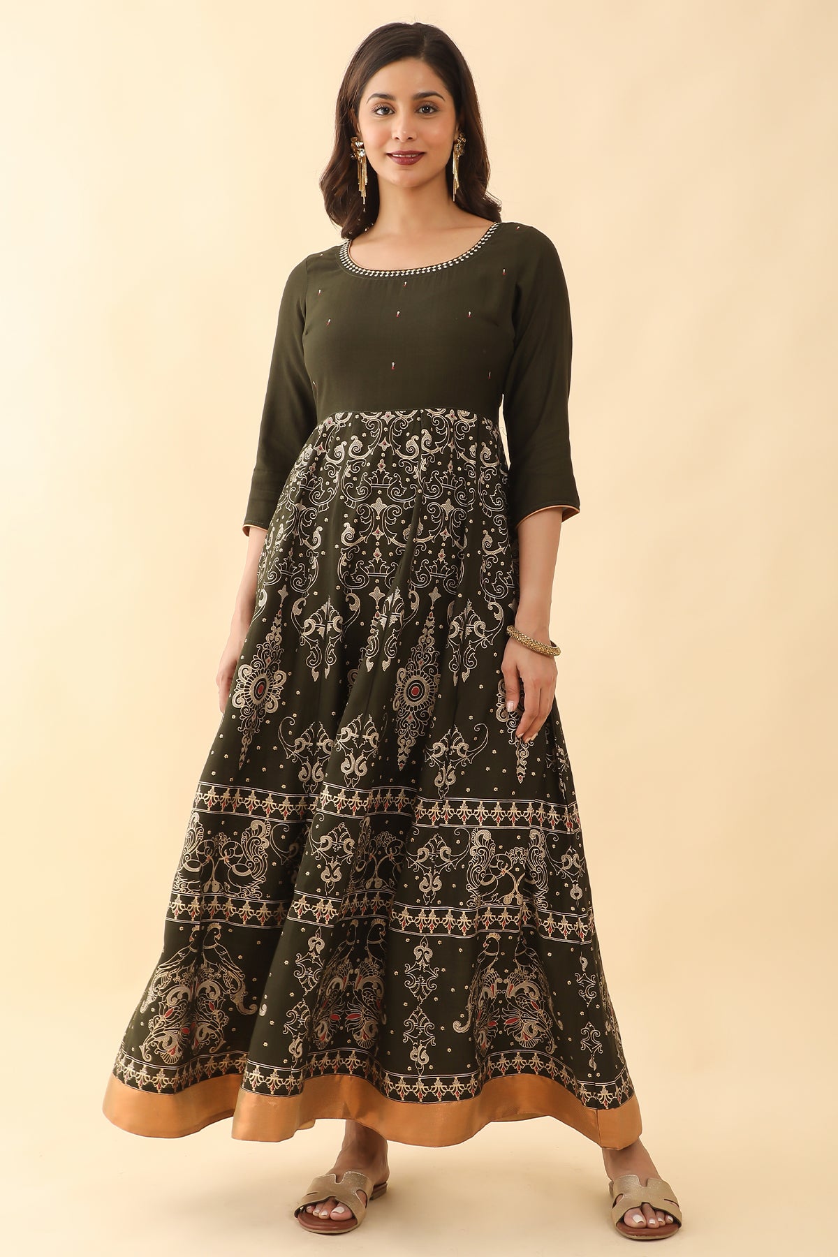 Contemporary Birds Printed Anarkali Green