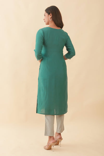 Floral Embroidered With Foil Mirror Embellished Kurta - Green