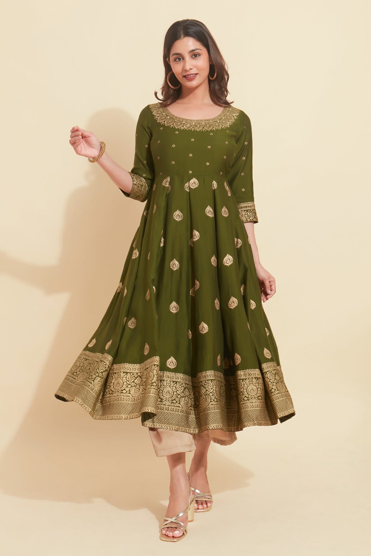 All Over Thilagam Motif Printed A line Kurta Green