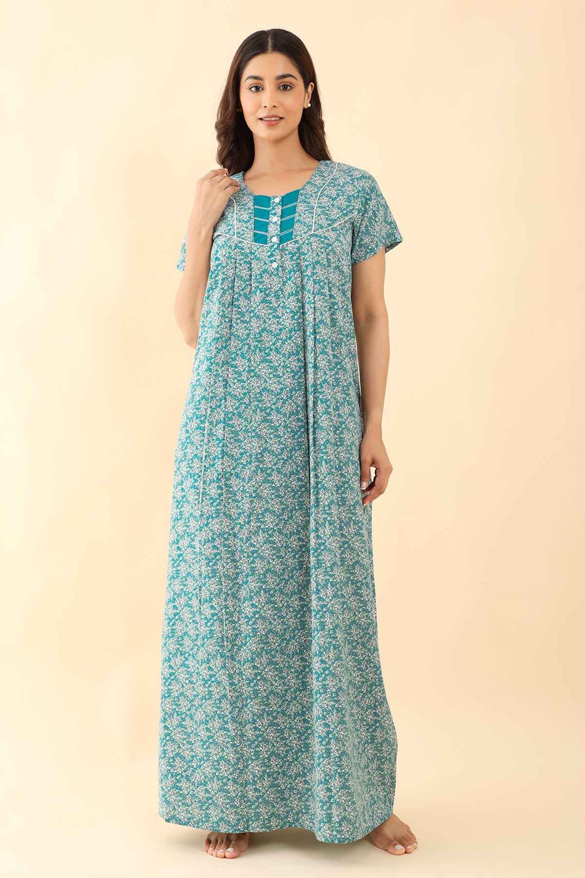 All Over Floral Printed Nighty - Blue
