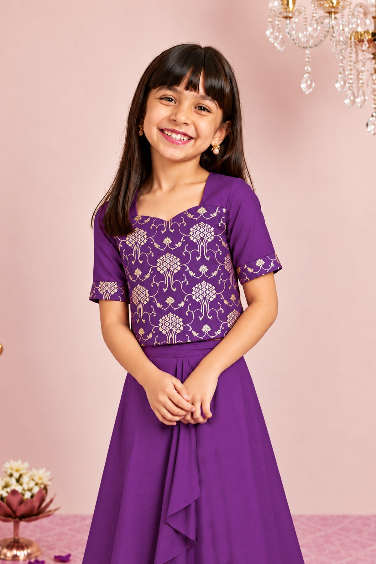 Purple Floral Brocade Draped Kids Skirt Set