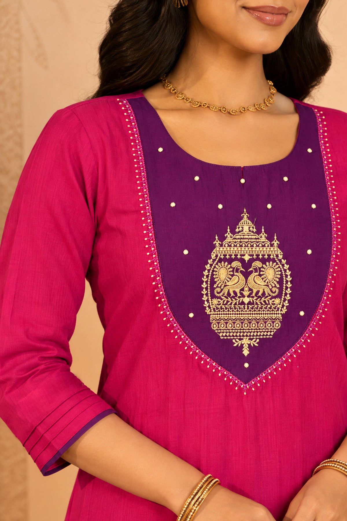 Pink Peacock Embroidery Straight Festive Kurta