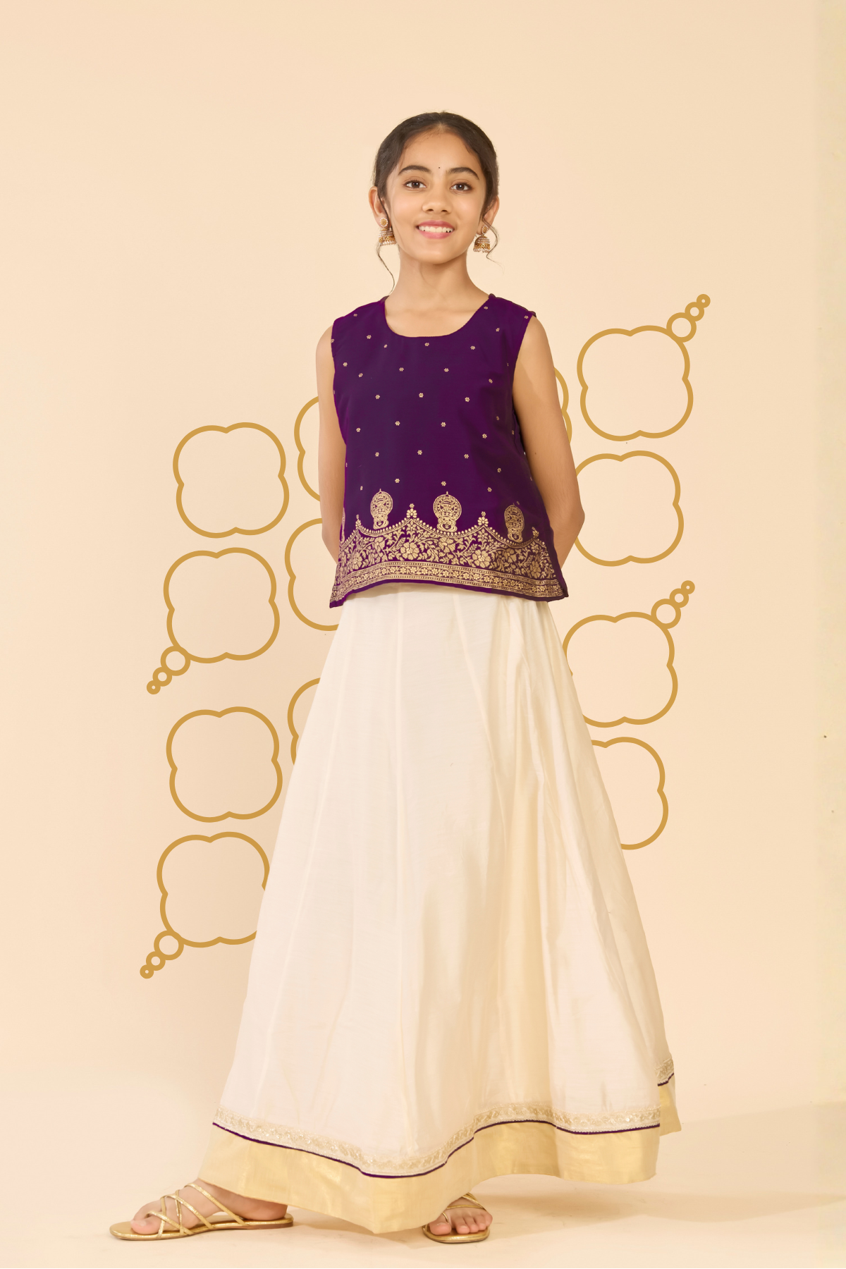 Purple Kathakali Print Kids Skirt Set
