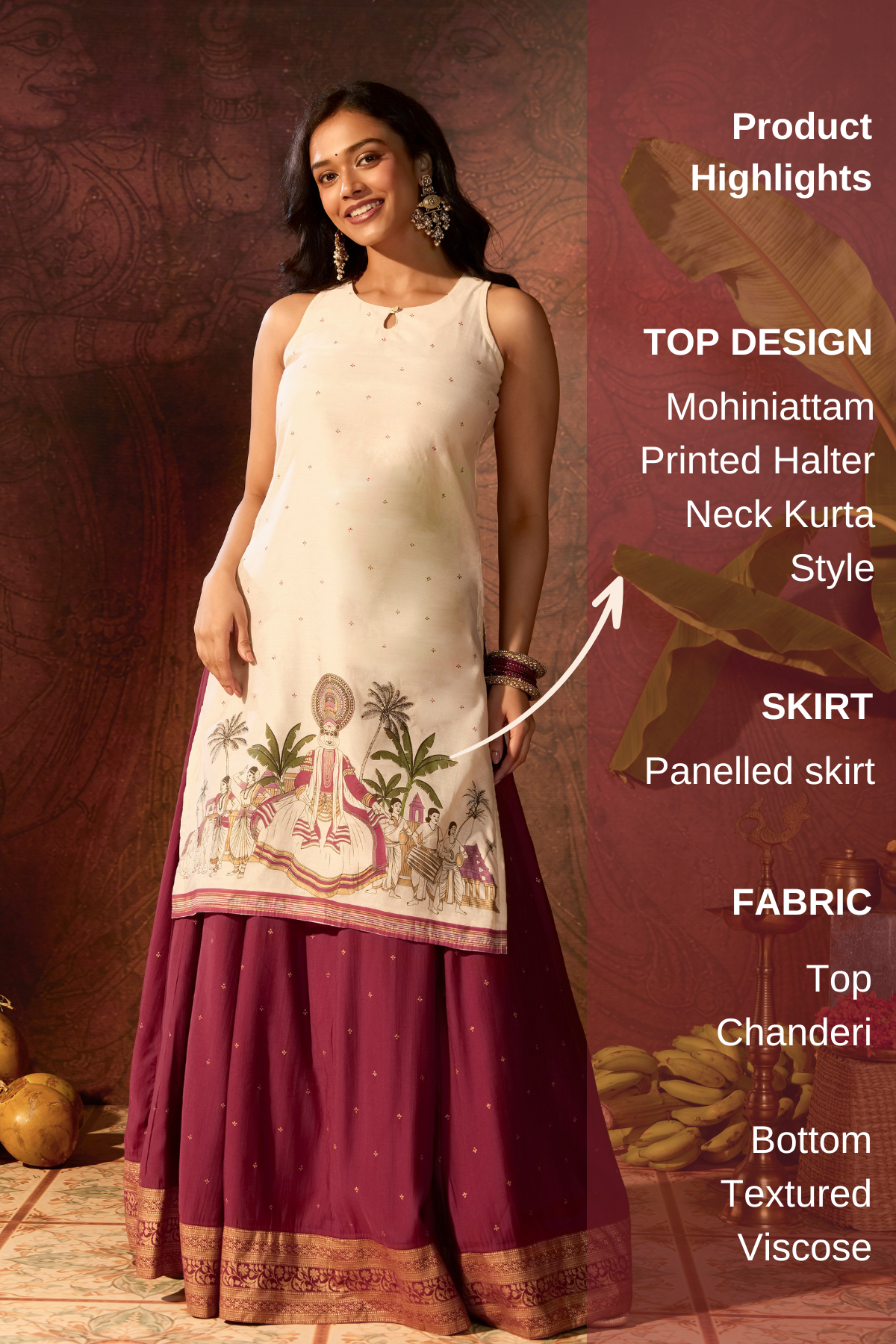 Off White Halter Neck Kurta With Printed Mohiniattam Skirt Set