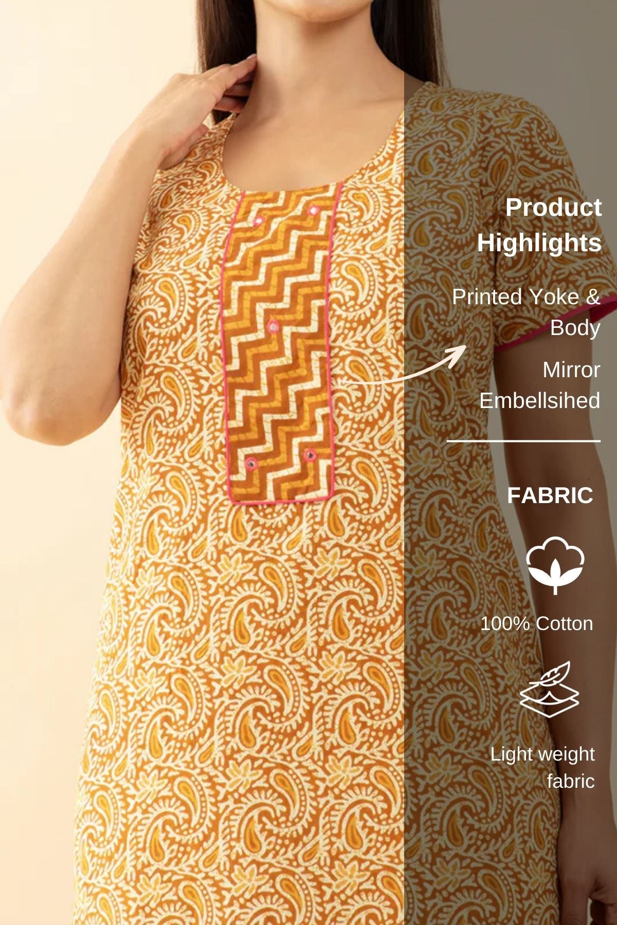 Block Printed Paisley Cotton Nighty - Mustard