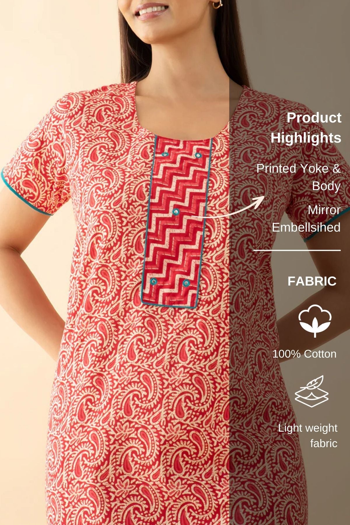 Block Printed Paisley Cotton Nighty - Red