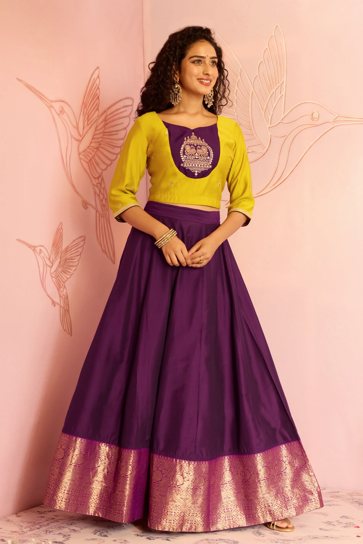 Mustard Bird Embroidered Crop Top With Purple Floral Skirt Set