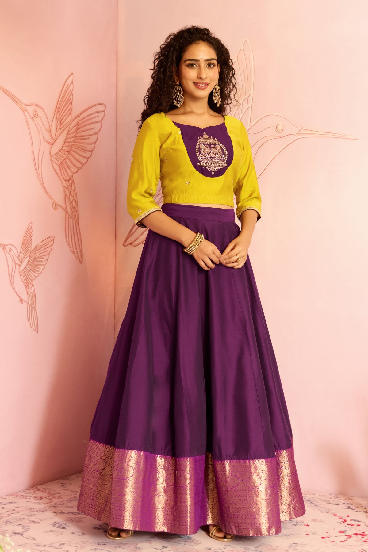 Mustard Bird Embroidered Crop Top With Purple Floral Skirt Set