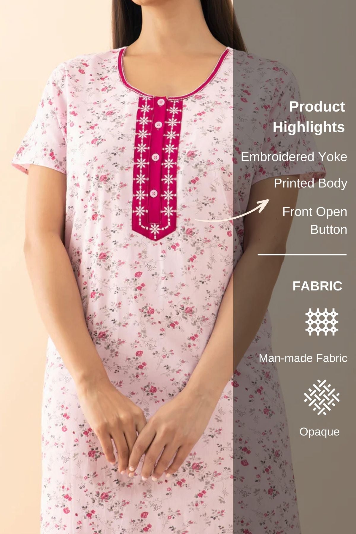 Ditsy Floral Printed Nighty with Embroidered Yoke - Pink