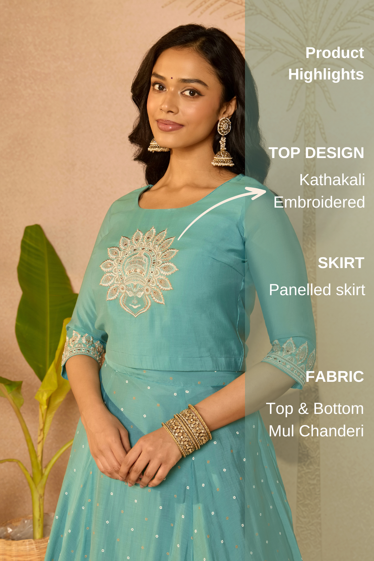 Light Teal Kathakali Embroidered Skirt Set