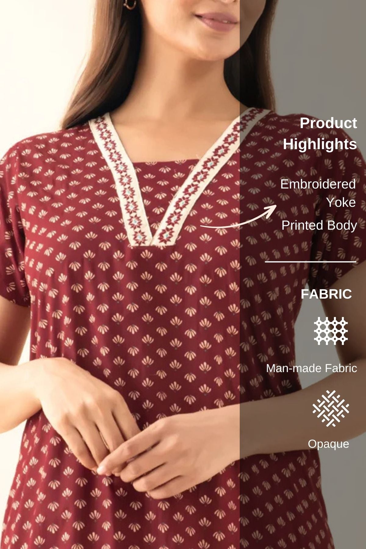 Geometric Floral Printed Nighty - Maroon