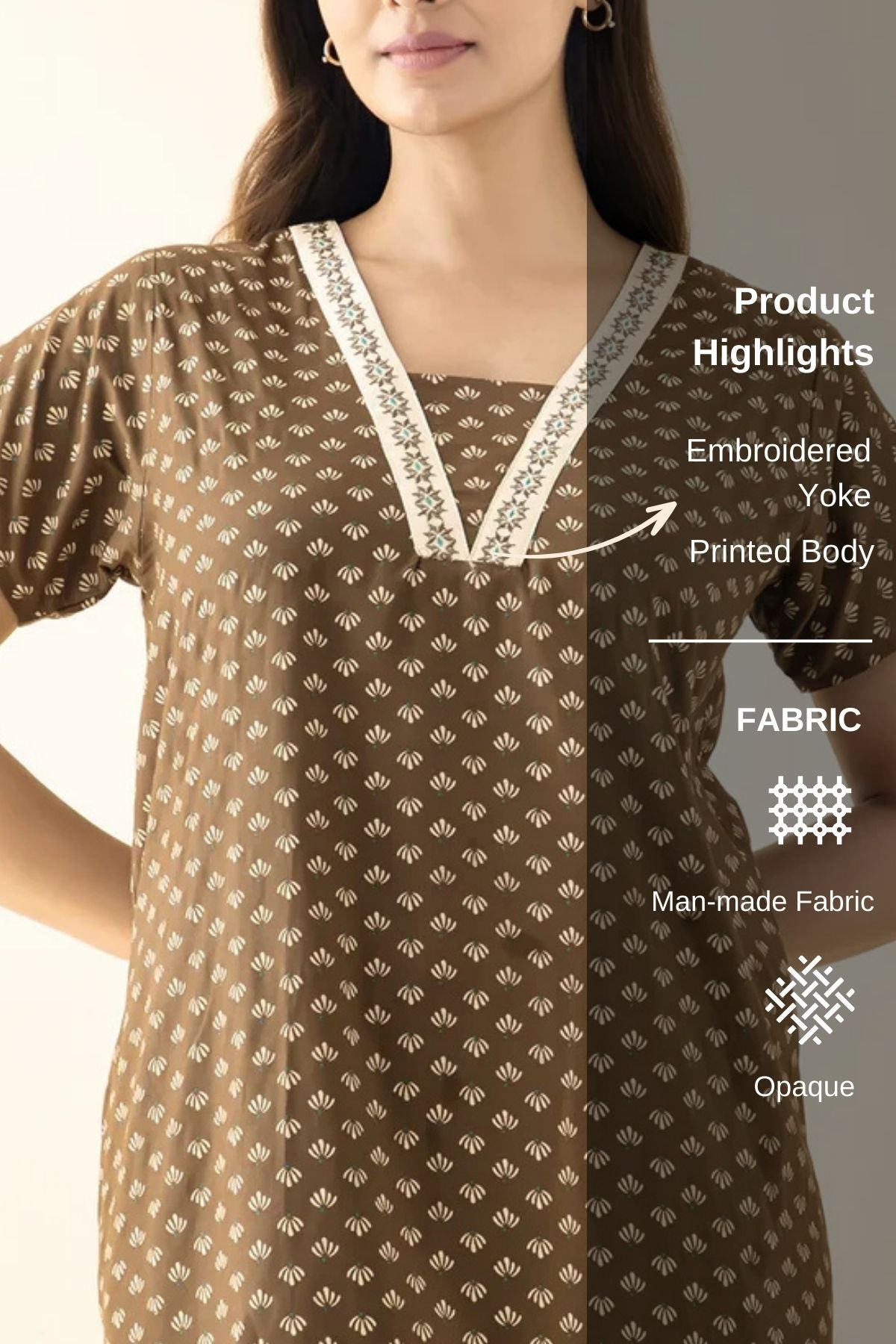 Geometric Floral Printed Nighty - Brown