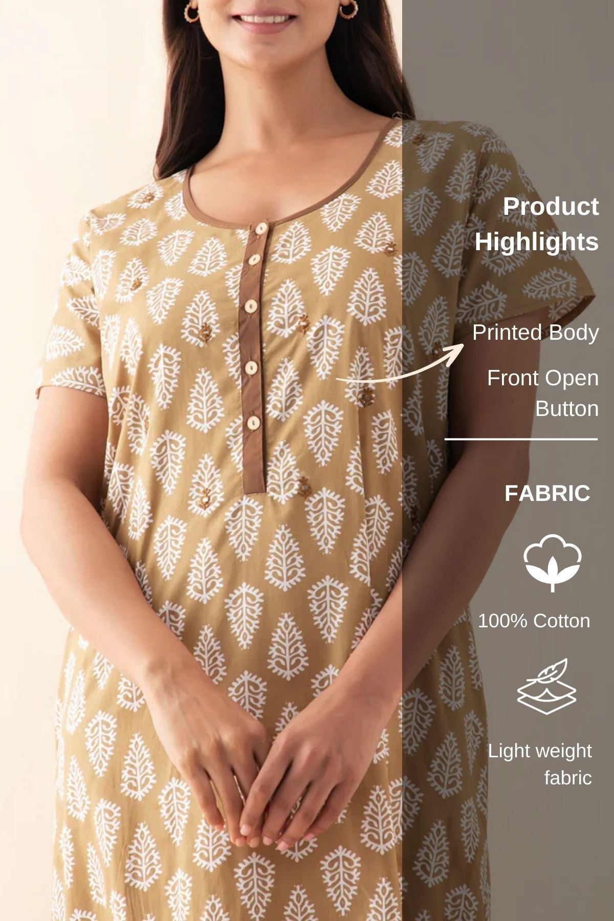 Block Printed Nighty with Foil Mirror Embellishment - Khaki