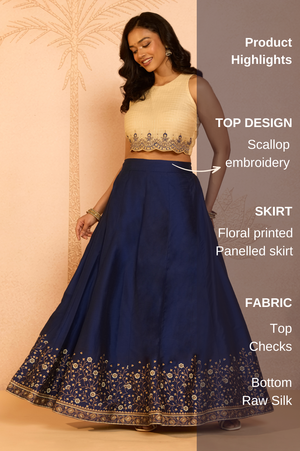 Beige & Blue Halter Neck Skirt Set