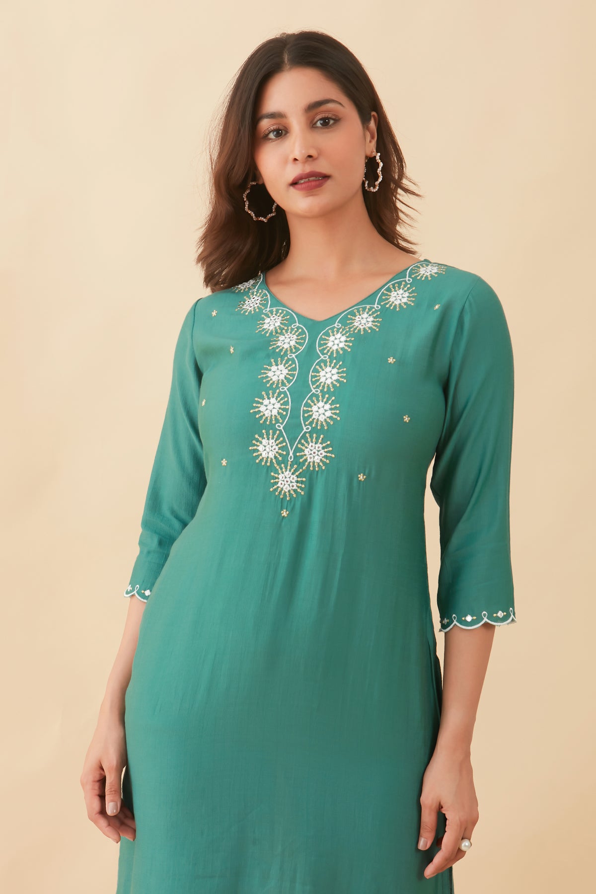 Floral Embroidered With Foil Mirror Embellished Kurta Green