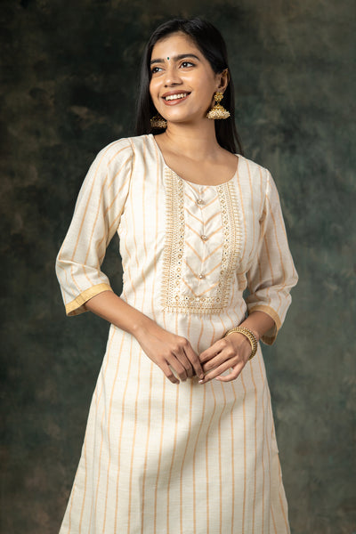 Geometric Motif Embroidered With Gold Striped Kurta - Off-White