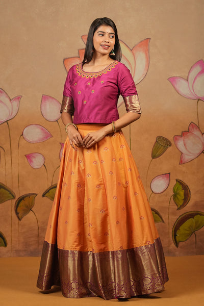 Floral Embroidered With Foil Mirror Embellished Top & Printed With Contrast Zari Border Skirt Set - Pink & Yellow