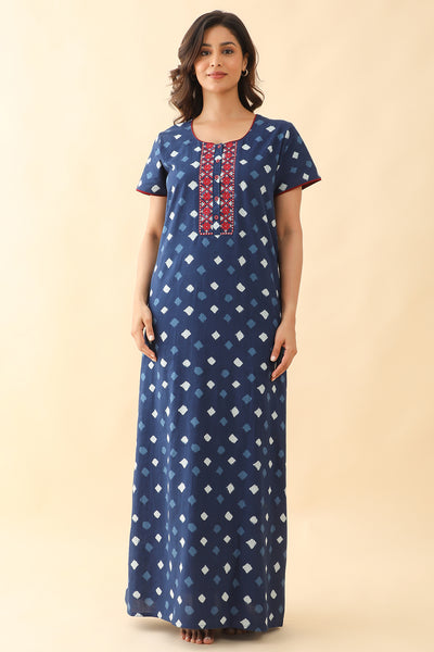 All Over Geometric Printed With Floral Embroidered Yoke Nighty - Blue
