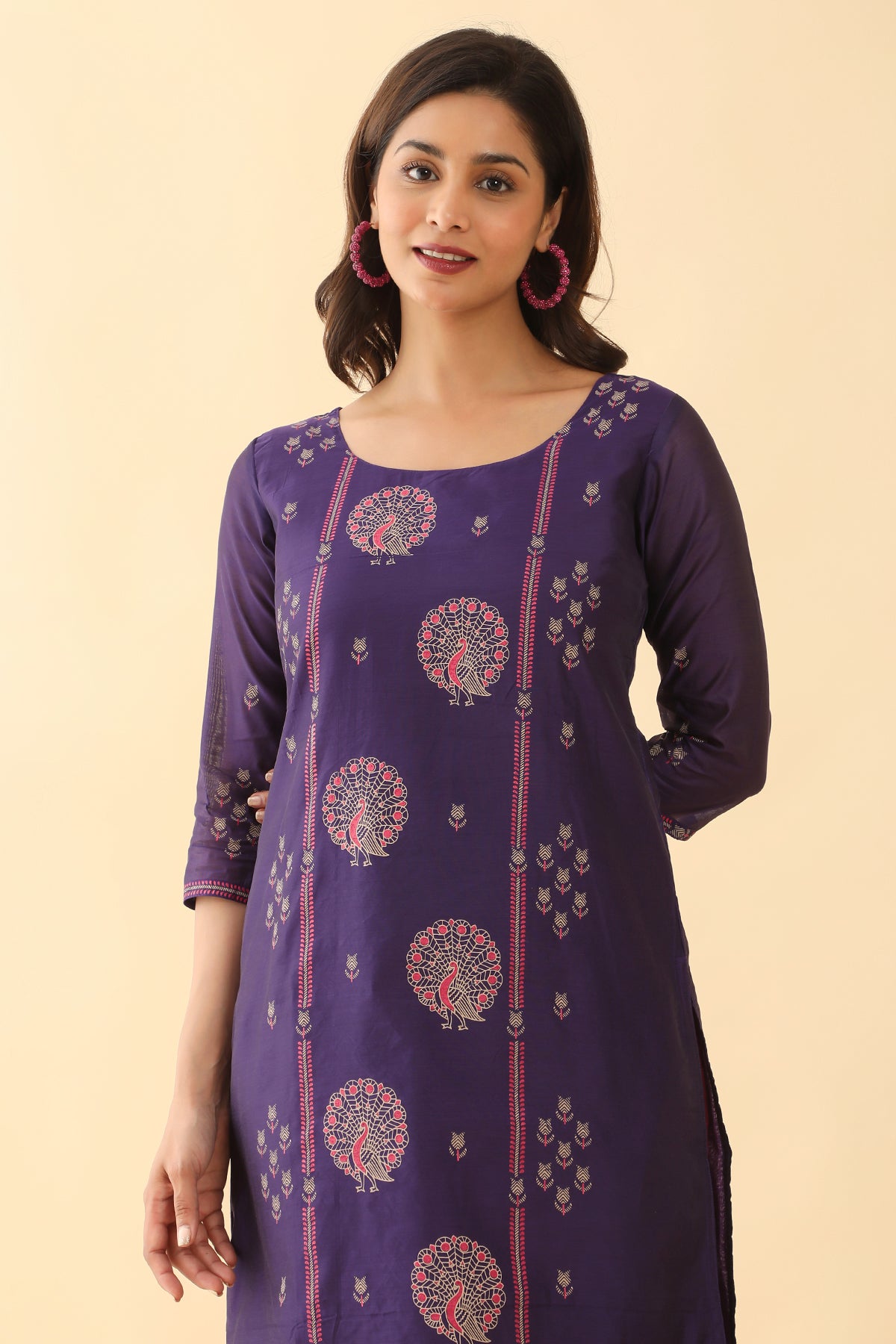 Peacock Motif Printed Kurta Violet